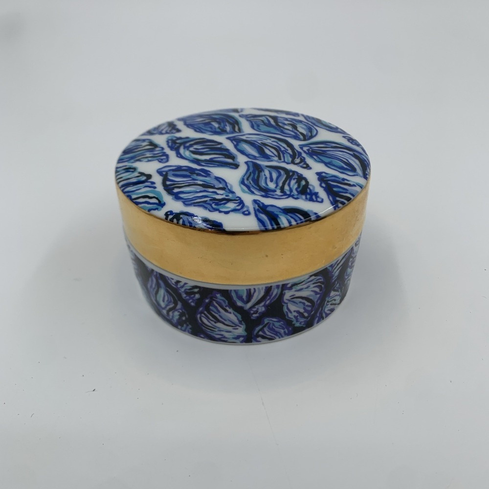 Lily Pulitzer Jewelry Trinket Ring Dish With Lid Shells Coastal Blue Gold Rim